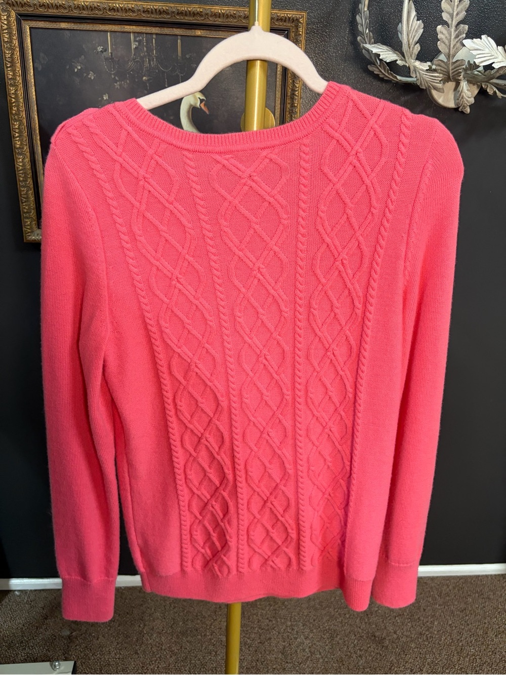 Talbots Coral Pink Cable-Knit Crewneck Sweater with Shoulder Buttons - Picture 5 of 5